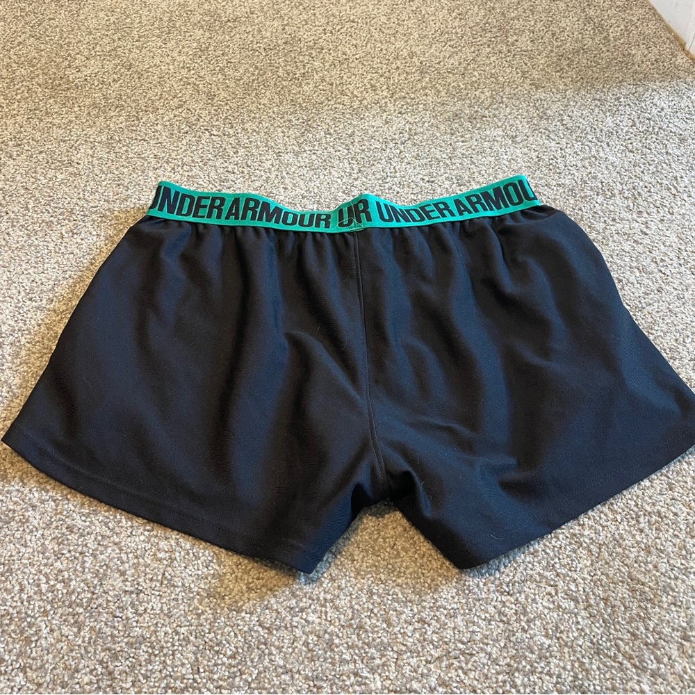 Under Armour Black Athletic Shorts with Teal Logo and Waistband - Picture 2 of 4